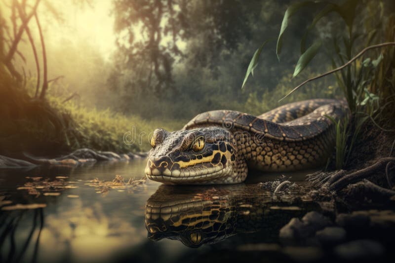 Reticulated Python in the Rainforest at Sunset. Wildlife Scene Stock
