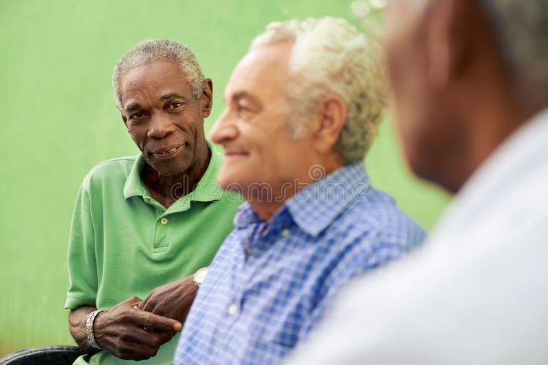 Group of old black and caucasian men talking in park royalty free stock photography Group of old black and caucasian men talking in park royalty free stock photography