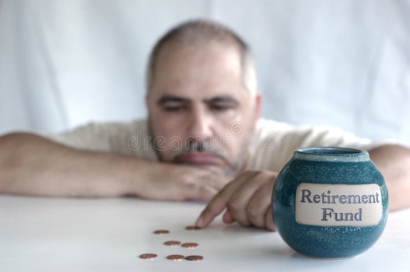 Depresivní muž, počítání mincí z důchodového fondu.