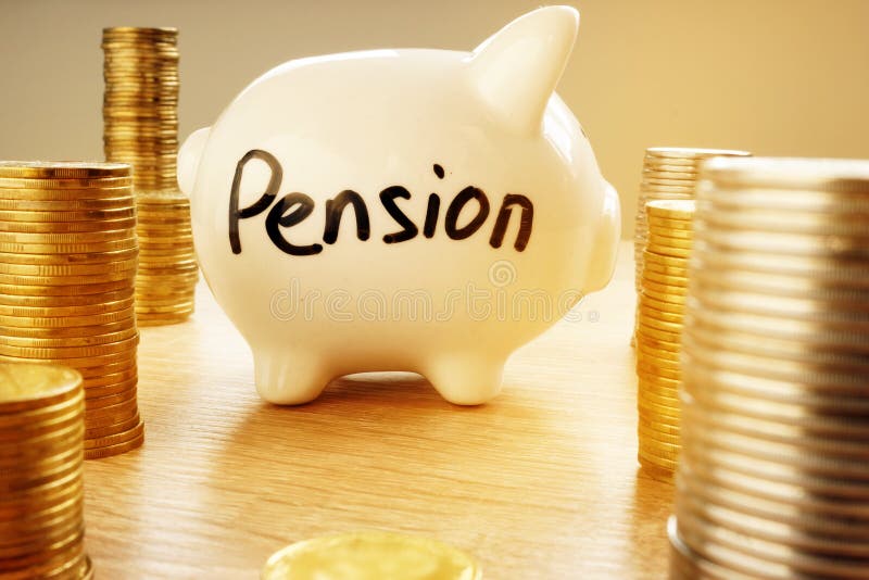 Retirement plan. Piggy bank with word pension.
