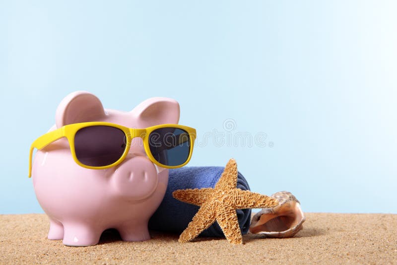 Retirement plan, pension fund, vacation, travel savings concept, Piggy Bank beach
