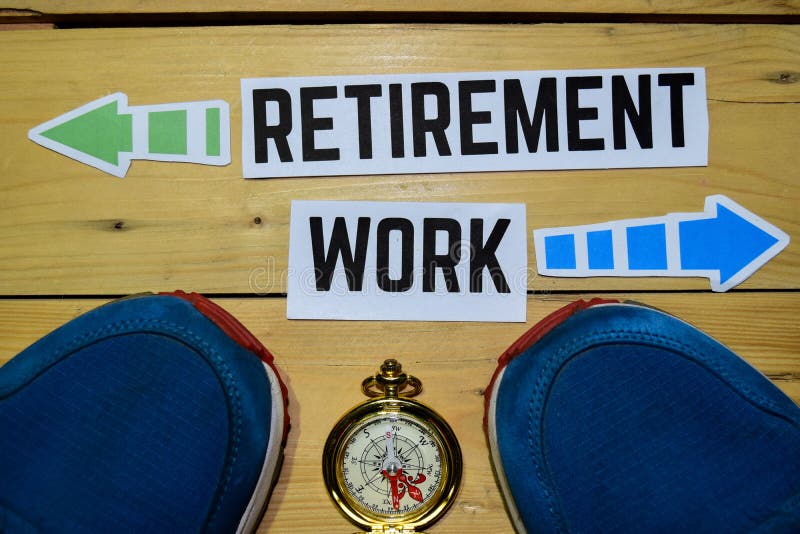Retirement or Work opposite direction signs with sneakers and compass on wooden stock photos Retirement or Work opposite direction signs with sneakers and compass on wooden stock photos