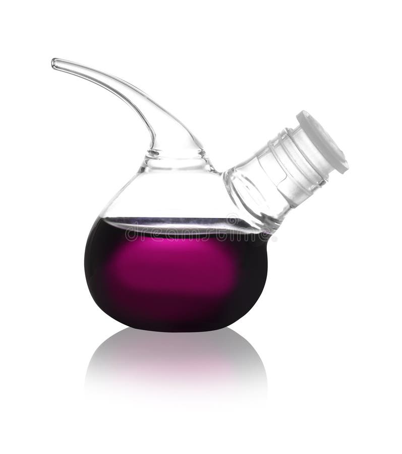 Retort flask with color liquid isolated on white. royalty free stock images