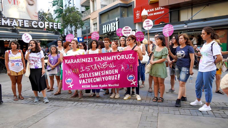 Turkey`s withdrawal from the Istanbul Convention was unanimously approved by the 10th Chamber of the Council of State on July 19.  Izmir Women`s Assembly of Confederation of Public Workers` Unions was protested the decision with banners and slogans. Turkey`s withdrawal from the Istanbul Convention was unanimously approved by the 10th Chamber of the Council of State on July 19.  Izmir Women`s Assembly of Confederation of Public Workers` Unions was protested the decision with banners and slogans.