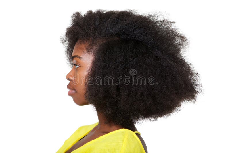 Retrato ascendente cercano del perfil de la mujer negra joven atractiva con el pelo afro