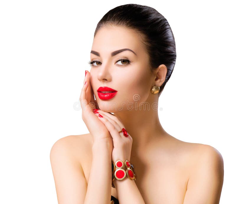Retrato bonito da cara do modelo da mulher com batom vermelho imagens de stock Retrato bonito da cara do modelo da mulher com batom vermelho imagens de stock