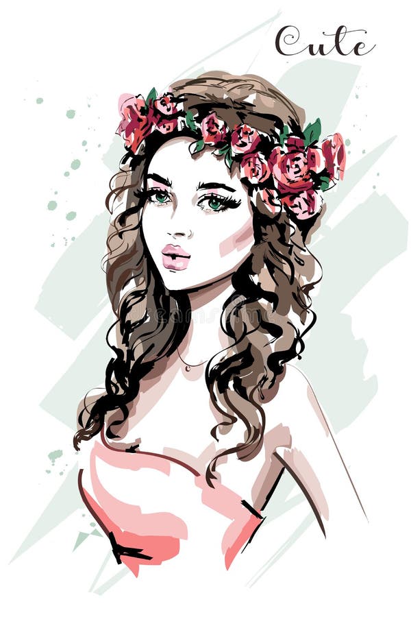Retrato bonito da mulher nova Mulher da forma na grinalda da flor Menina bonito esboço ilustração do vetor