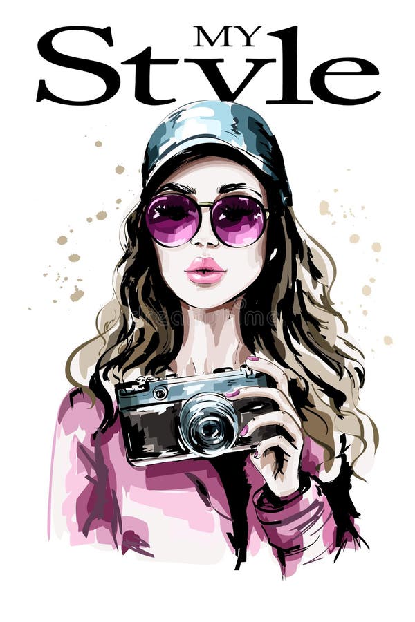 Retrato bonito tirado mão da jovem mulher Mulher da forma no tampão à moda Menina bonito com câmera da foto ilustração stock