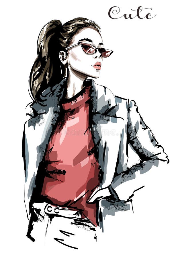 Retrato bonito tirado mão da mulher Mulher da forma nos óculos de sol esboço ilustração royalty free