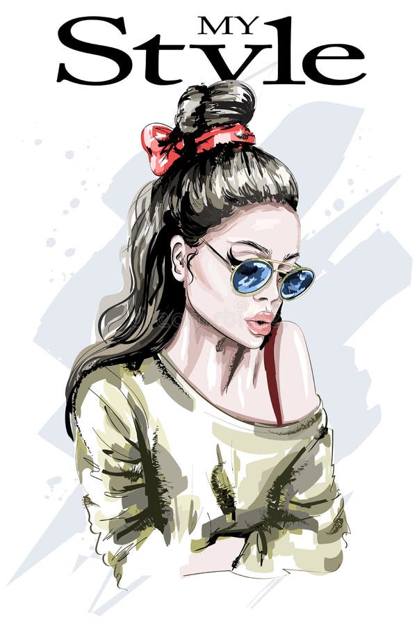 Retrato bonito tirado mão da mulher Mulher da forma Senhora à moda com cabelo longo Menina bonito nos óculos de sol com penteado ilustração stock