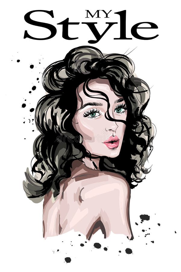 Retrato bonito tirado mão da mulher Senhora à moda bonito ilustração stock