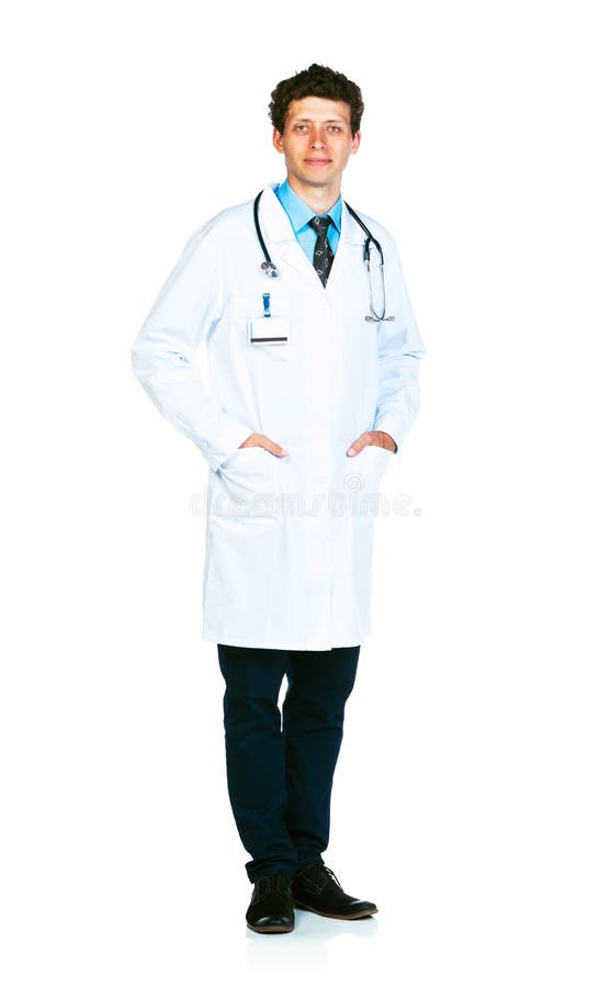 Retrato de corpo inteiro do médico em pé sobre um fundo branco fotografia de stock