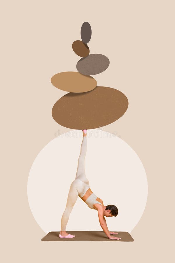 Retrato creativo vertical de la mujer practicando la pierna de yoga mantener el equilibrio aislado en el fondo del dibujo ilustración del vector