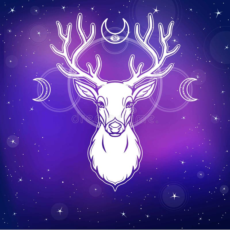 Retrato da animação de um cervo horned - um espírito de madeira, a deidade pagão, defensor da natureza ilustração royalty free Retrato da animação de um cervo horned - um espírito de madeira, a deidade pagão, defensor da natureza ilustração royalty free