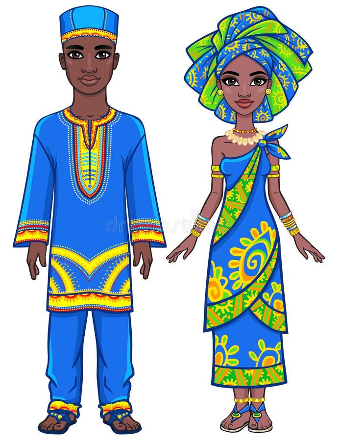 Animation portrait of the African family in bright ethnic clothes. Full growth. The vector illustration on a white background. Animation portrait of the African family in bright ethnic clothes. Full growth. The vector illustration on a white background.