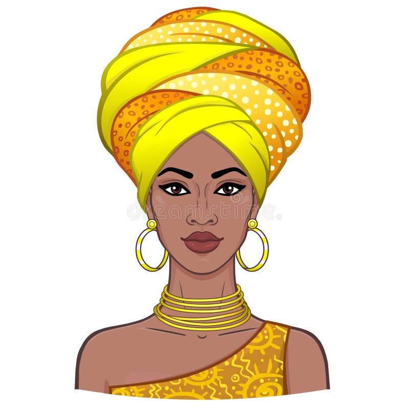 Retrato da animação da mulher africana bonita nova em um turbante ilustração stock