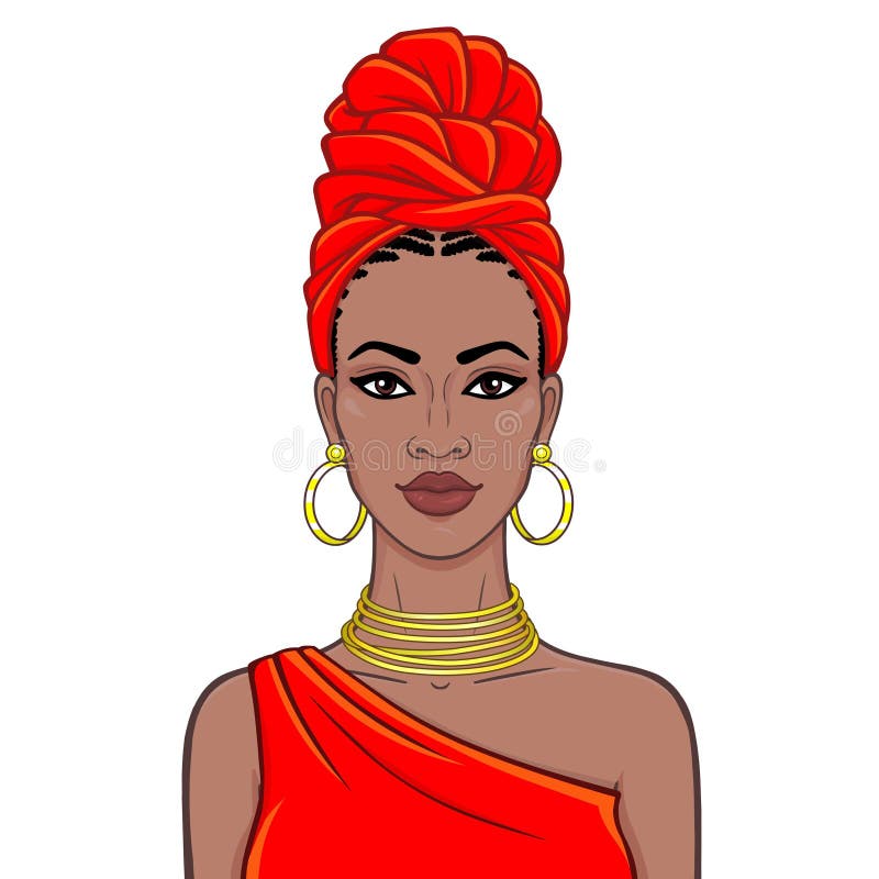 Retrato da anima?? o da mulher negra bonita em uma joia vermelha do turbante e do ouro ilustração royalty free