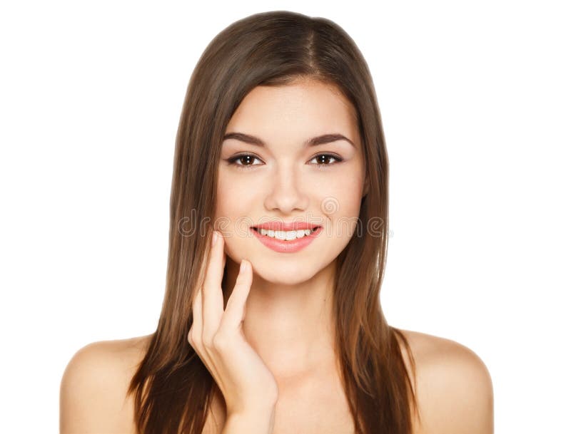 Retrato da jovem mulher da beleza alegre com composição natural imagens de stock Retrato da jovem mulher da beleza alegre com composição natural imagens de stock