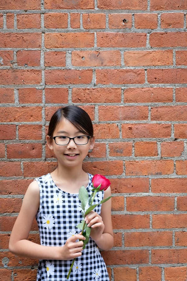 Retrato da menina asi?tica nova com a flor cor-de-rosa vermelha contra a parede de tijolo vermelho fotografia de stock Retrato da menina asi?tica nova com a flor cor-de-rosa vermelha contra a parede de tijolo vermelho fotografia de stock