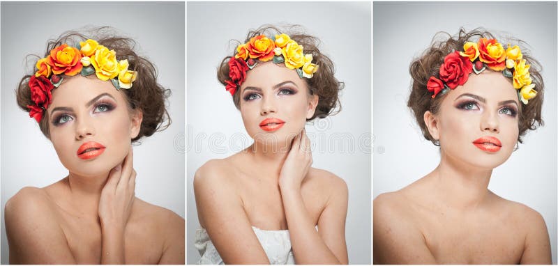 Retrato da menina bonita no estúdio com as rosas amarelas e vermelhas em seus cabelo e ombros despidos Jovem mulher 'sexy' fotografia de stock Retrato da menina bonita no estúdio com as rosas amarelas e vermelhas em seus cabelo e ombros despidos Jovem mulher 'sexy' fotografia de stock