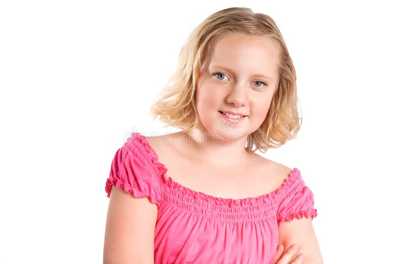 Retrato da menina de sorriso do preteen sobre o branco foto de stock royalty free Retrato da menina de sorriso do preteen sobre o branco foto de stock royalty free
