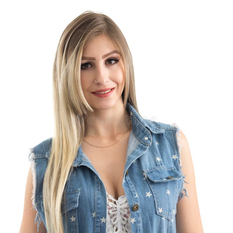 Retrato da mulher bonita Veste vestindo W das calças de brim da pessoa loura imagem de stock Retrato da mulher bonita Veste vestindo W das calças de brim da pessoa loura imagem de stock