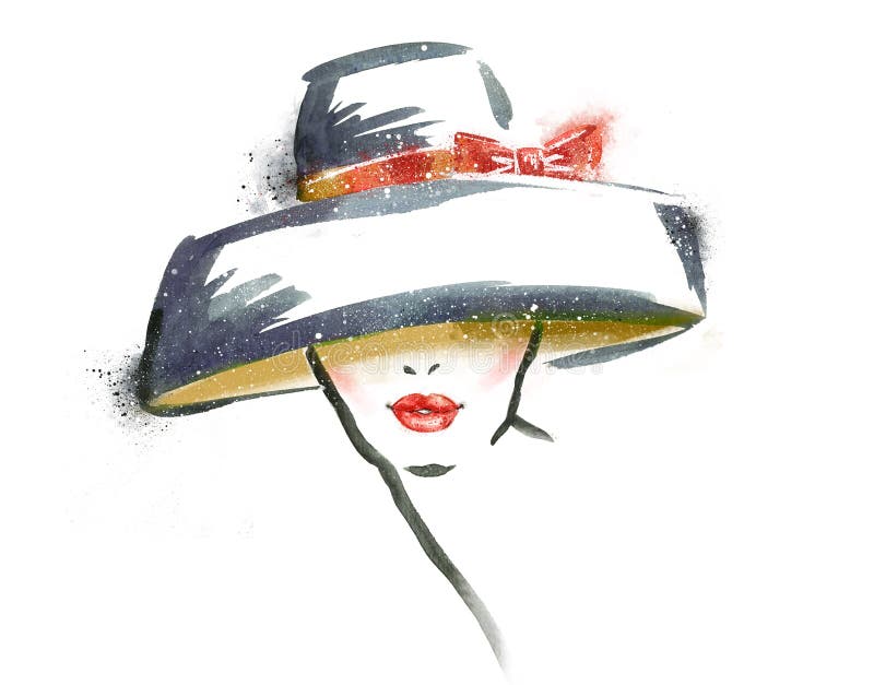 Woman portrait with hat .Abstract watercolor .Fashion illustration.Red lips. Woman portrait with hat .Abstract watercolor .Fashion illustration.Red lips