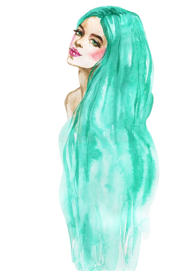 Retrato da mulher da forma da aquarela Menina tirada mão da beleza com cabelo longo ilustração royalty free Retrato da mulher da forma da aquarela Menina tirada mão da beleza com cabelo longo ilustração royalty free