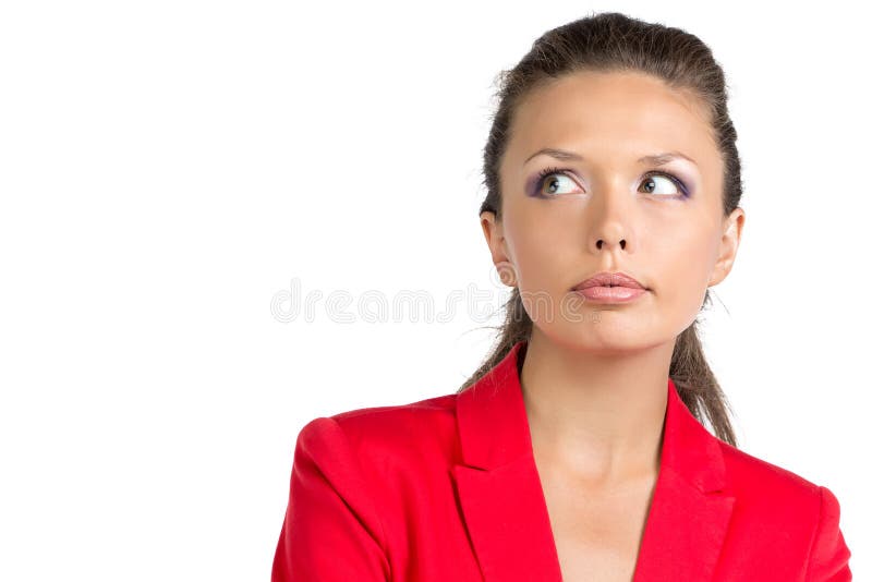 Retrato da mulher de negócios surpreendida no terno vermelho imagem de stock Retrato da mulher de negócios surpreendida no terno vermelho imagem de stock