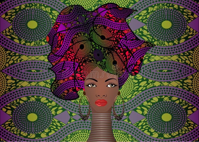 Retrato da mulher negra nova em um turbante Beleza do africano da animação Vector a ilustração de cor isolada em um fundo do bati ilustração stock Retrato da mulher negra nova em um turbante Beleza do africano da animação Vector a ilustração de cor isolada em um fundo do bati ilustração stock