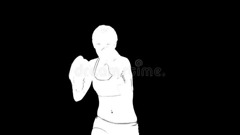 Retrato de boceto de contorno blanco de mujer en guantes de boxeo es entrenamiento aislado sobre fondo negro.