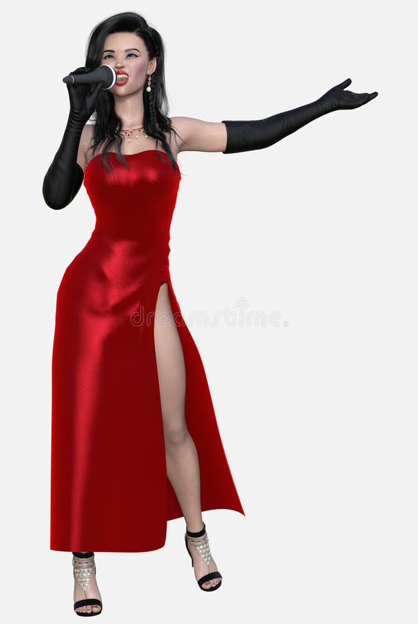 Retrato de cuerpo completo de una hermosa joven de pelo oscuro con un vestido rojo brillante sobre un fondo blanco aislado