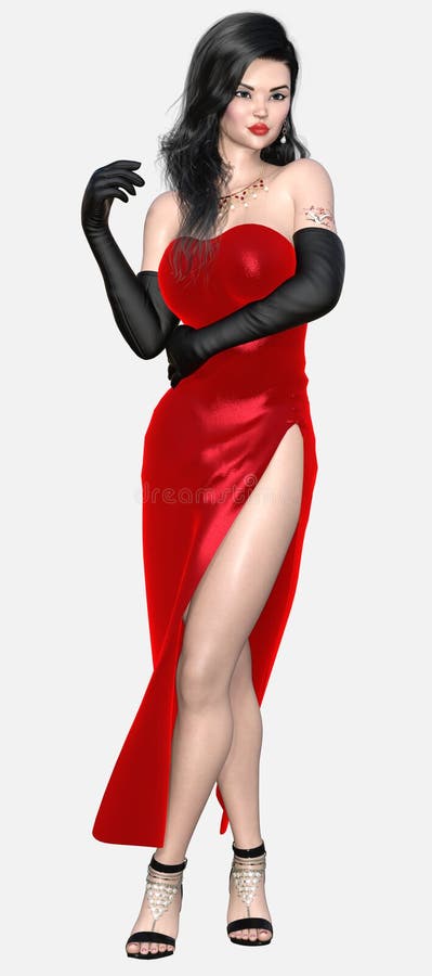Retrato de cuerpo completo de una hermosa joven de pelo oscuro con un vestido rojo brillante sobre un fondo blanco aislado