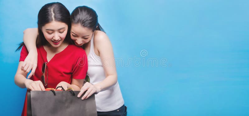 Retrato de dos mujeres jovenes sonrientes del asiático hermoso con concepto que hace compras Mujer que sostiene el bolso de compr foto de archivo libre de regalías Retrato de dos mujeres jovenes sonrientes del asiático hermoso con concepto que hace compras Mujer que sostiene el bolso de compr foto de archivo libre de regalías