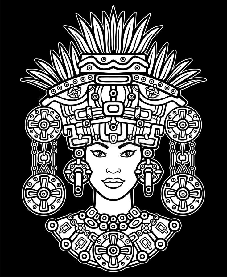 Retrato de la animación de la diosa pagana basada en motivos del indio del nativo americano del arte Dibujo decorativo monocromát ilustración del vector Retrato de la animación de la diosa pagana basada en motivos del indio del nativo americano del arte Dibujo decorativo monocromát ilustración del vector
