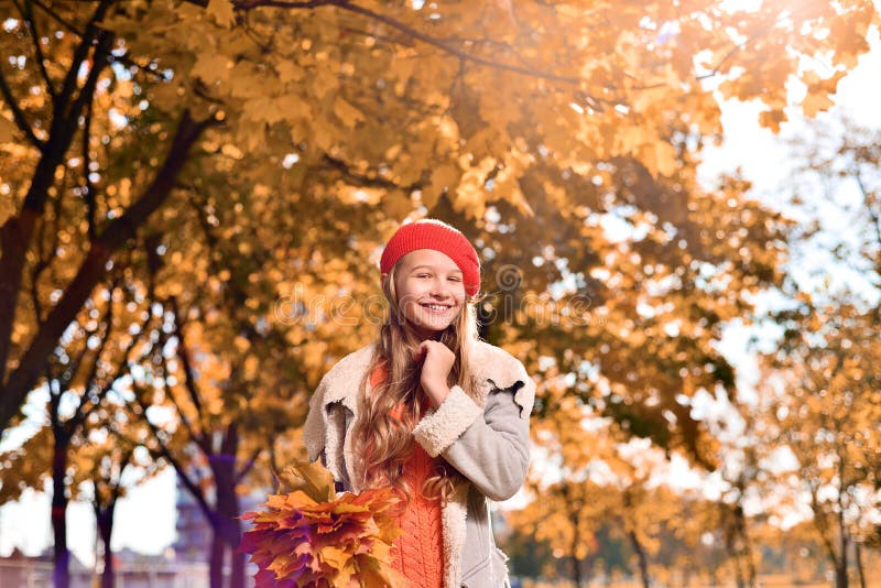 Retrato de la chica joven en sombrero y hojas de otoño rojos en sus manos imagen de archivo libre de regalías Retrato de la chica joven en sombrero y hojas de otoño rojos en sus manos imagen de archivo libre de regalías