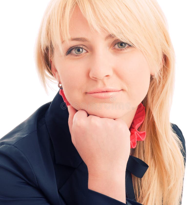 Portrait of attractive businesswoman sitting on chair and look at camera. Isolated on white. Portrait of attractive businesswoman sitting on chair and look at camera. Isolated on white