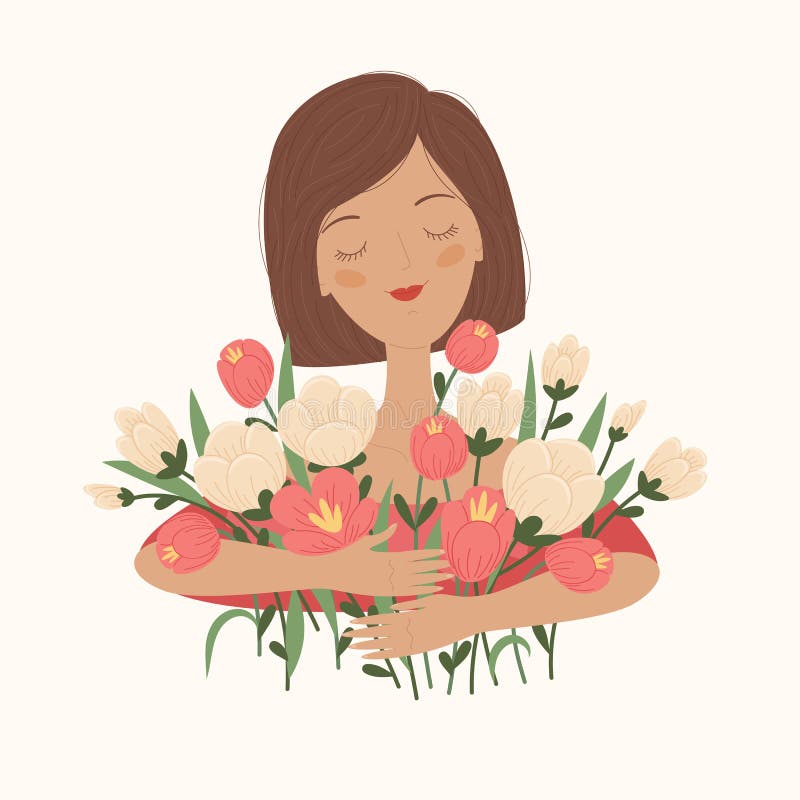 Retrato de la muchacha blanca joven con el ramo grande de flores stock de ilustración Retrato de la muchacha blanca joven con el ramo grande de flores stock de ilustración