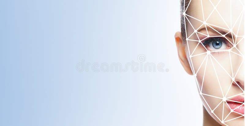 Retrato de la mujer atractiva con una rejilla scnanning en su cara Identificación de la cara, seguridad, reconocimiento facial, t foto de archivo libre de regalías Retrato de la mujer atractiva con una rejilla scnanning en su cara Identificación de la cara, seguridad, reconocimiento facial, t foto de archivo libre de regalías