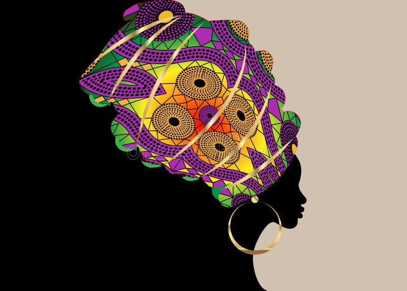 Retrato de la mujer negra joven en un turbante Belleza del africano de la animación Vector el ejemplo de color aislado en un fond