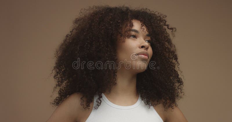 Retrato de la mujer negra de la raza mixta con el pelo afro grande, pelo rizado