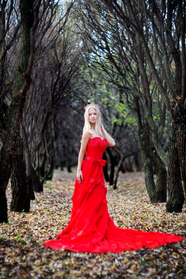 Retrato de la princesa en corona y vestido rojo en otoño del bosque foto de archivo libre de regalías Retrato de la princesa en corona y vestido rojo en otoño del bosque foto de archivo libre de regalías