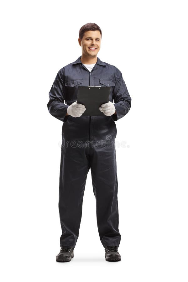 Retrato De Longitud Completa Del Trabajador Mecanico Automotor Con Uniforme Azul Marino Y Portapapeles Imagen De Archivo Imagen De Tiro Aislado 196878877