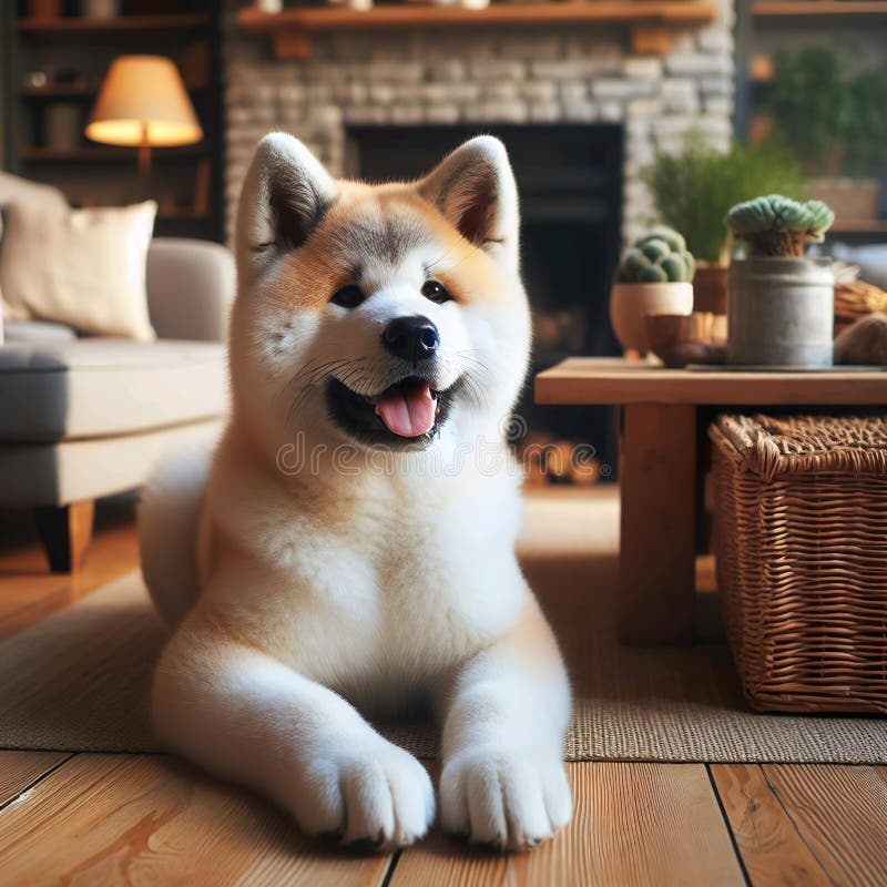 Retrato de mascota akita inu sentado en el suelo sonriendo y sintiéndose feliz stock de ilustración