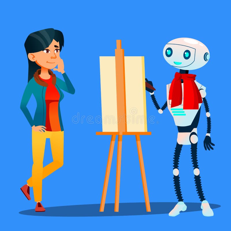 Retrato de Paints On Easel do artista do robô do vetor da mulher Ilustração isolada ilustração royalty free Retrato de Paints On Easel do artista do robô do vetor da mulher Ilustração isolada ilustração royalty free
