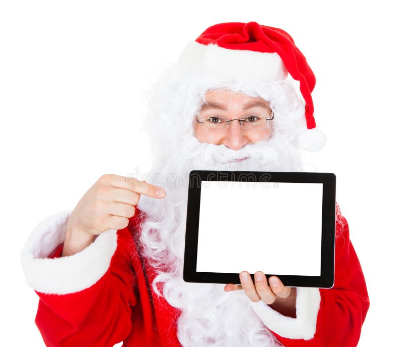 Retrato de Santa que aponta na tabuleta digital