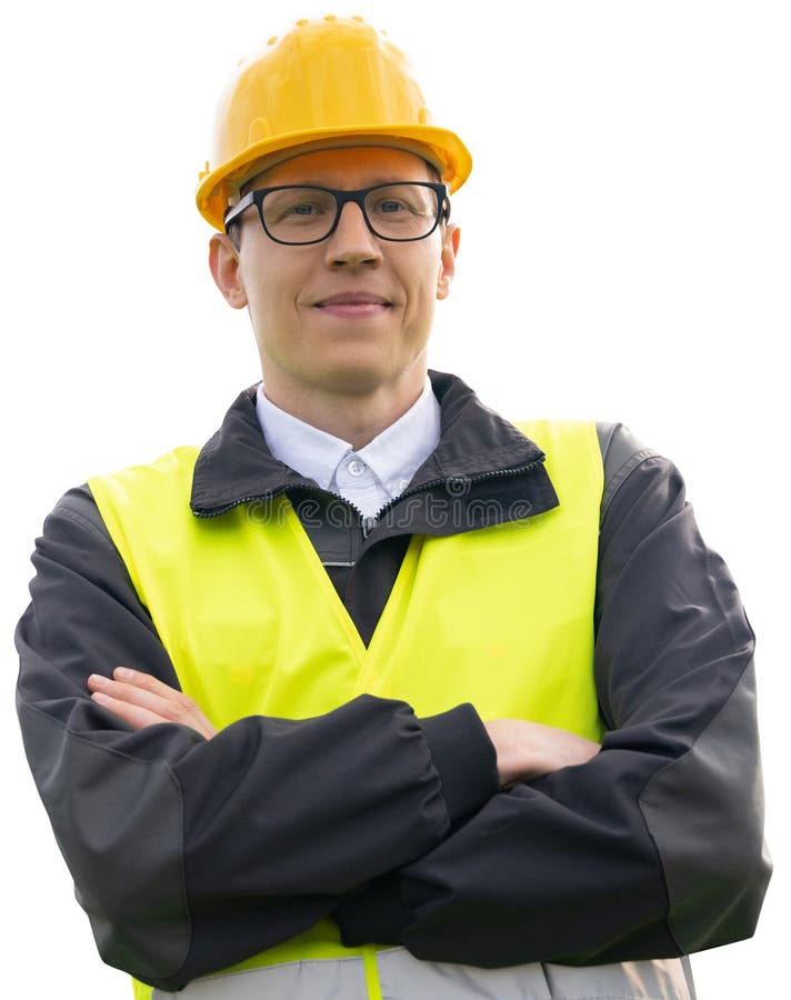 Retrato de um engenheiro sorridente em um capacete de óculos e terno azul olhando para a câmera. isolado. foto de stock royalty free