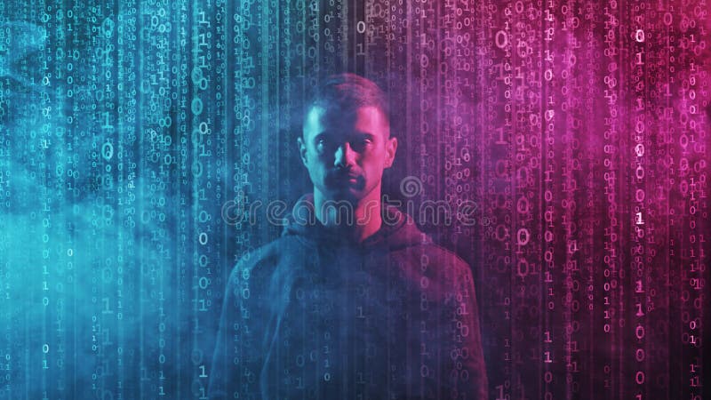 Portrait of a man over abstract digital background. Obscured dark face. Internet, darknet, gaming and cyber simulation concept. Portrait of a man over abstract digital background. Obscured dark face. Internet, darknet, gaming and cyber simulation concept.