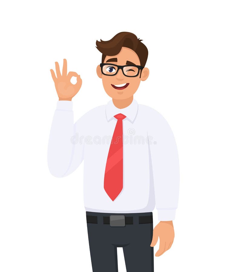 Retrato de uma exibição do homem de negócio/de gesticular novos alegres/que faz o sinal da aprovação ou da aprovação com mão e de ilustração royalty free