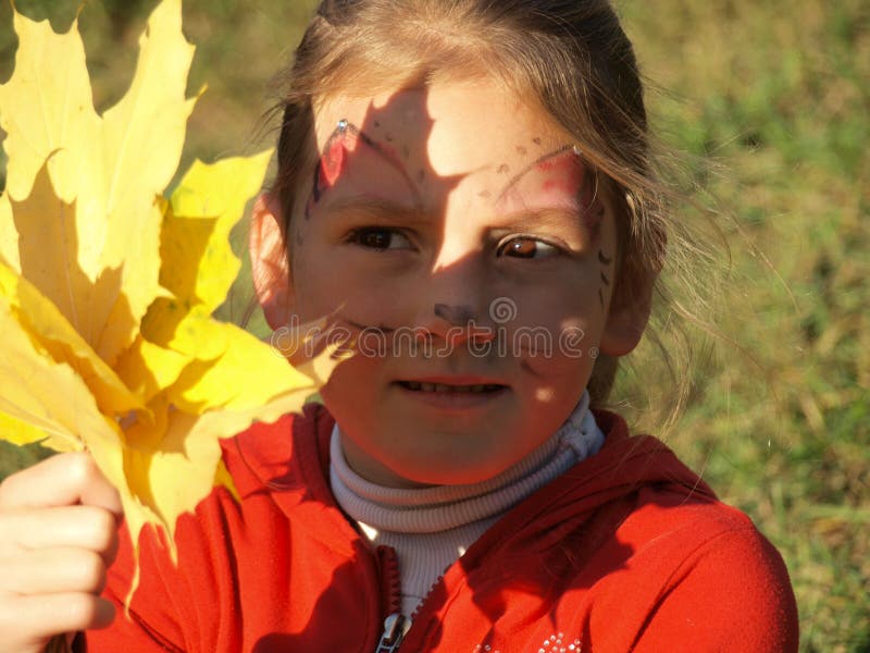 Retrato de uma menina em uma camiseta vermelha na cara de que uma pintura da cara e a sombra das folhas de bordo fotografia de stock Retrato de uma menina em uma camiseta vermelha na cara de que uma pintura da cara e a sombra das folhas de bordo fotografia de stock